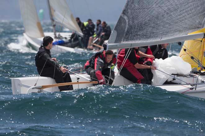 Friday 28th June 2013, Kinsale, Co. Cork: Peter O’Leary (left) at the helm of Spiced Beef in breezy conditions and choppy seas off the Old Head of Kinsale on day 2 of the Covestone Asset Management Sovereigns Cup 2013.<br />
 © David Branigan - Oceansport.ie