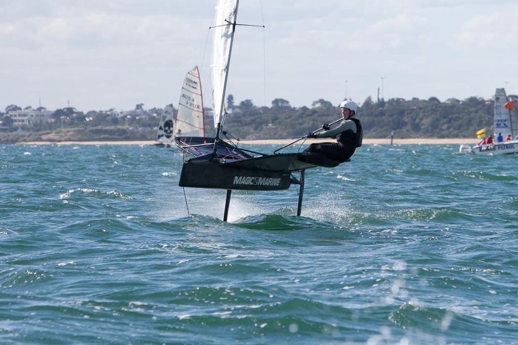 Leigh Dunstan raising the issue of helmets in the Moth Class.  Most competitors, including some very high profile sailors at the event made it clear that it’s the way the class is heading - Victorian Moth State titles 2013 © Leigh Dunstan