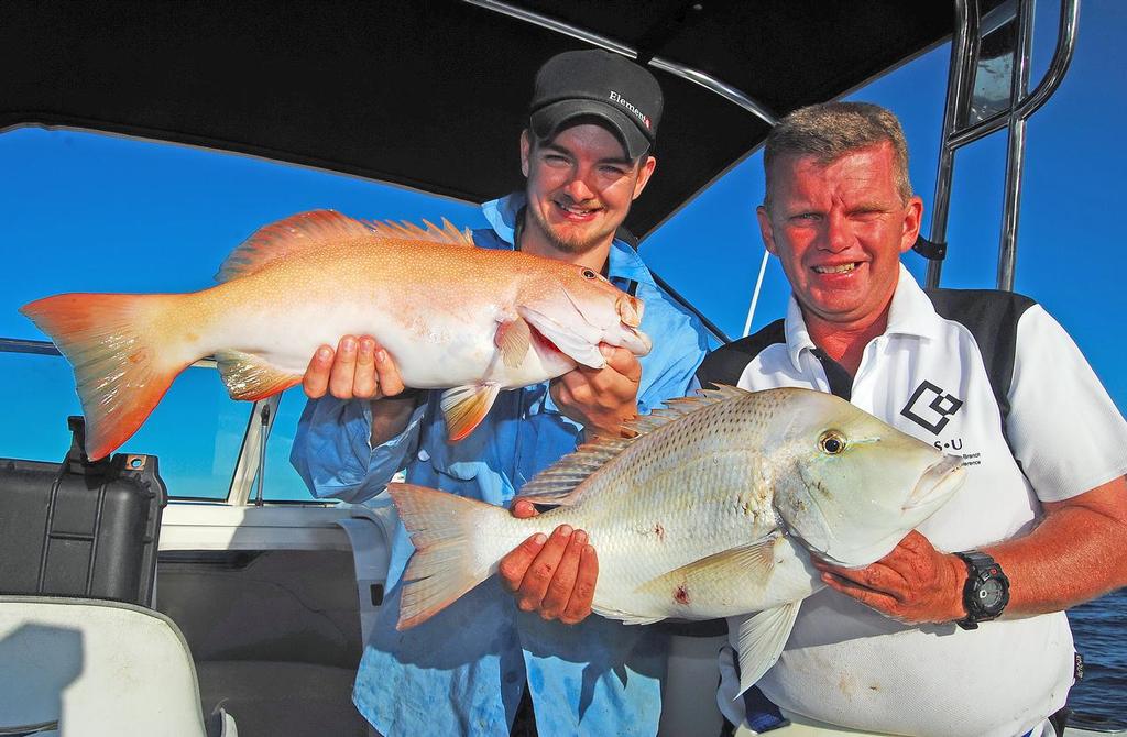 A nice grassy lipper taken on an offshore shoal by Jason Horton (foreground).  Note the author's trout.  Trout are a welcome bycatch when chasing lipper over rock or reef. - So many winter options! photo copyright Lee Brake taken at  and featuring the  class