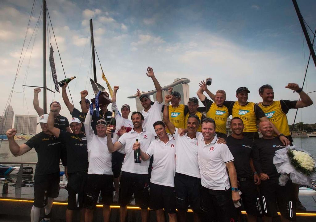 2013 Extreme Sailing Series - The official Act 2 Singapore prize giving with the three teams that reached the podium © Lloyd Images http://lloydimagesgallery.photoshelter.com/