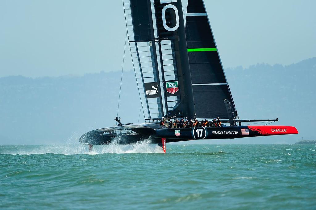Oracle Team USA with skipper James Spithill out training just before the start of  The Louis Vuitton Cup  sailed in AC 72s  © Paul Todd/Outside Images http://www.outsideimages.com