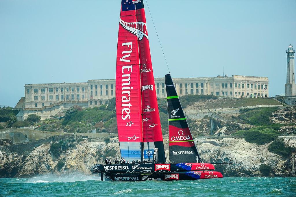 Emirates Team New Zealand with skipper Dean Barker out training just before the start of  The Louis Vuitton Cup  sailed in AC 72s  © Paul Todd/Outside Images http://www.outsideimages.com