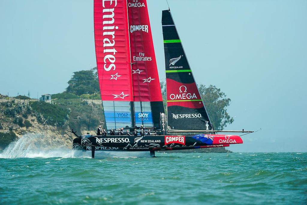 Emirates Team New Zealand with skipper Dean Barker out training just before the start of  The Louis Vuitton Cup  sailed in AC 72s  © Paul Todd/Outside Images http://www.outsideimages.com