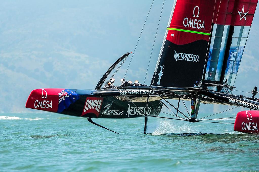 Emirates Team New Zealand with skipper Dean Barker out training just before the start of  The Louis Vuitton Cup  sailed in AC 72s  © Paul Todd/Outside Images http://www.outsideimages.com