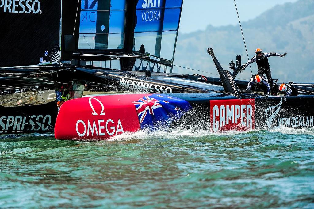Emirates Team New Zealand with skipper Dean Barker out training just before the start of  The Louis Vuitton Cup  sailed in AC 72s  © Paul Todd/Outside Images http://www.outsideimages.com