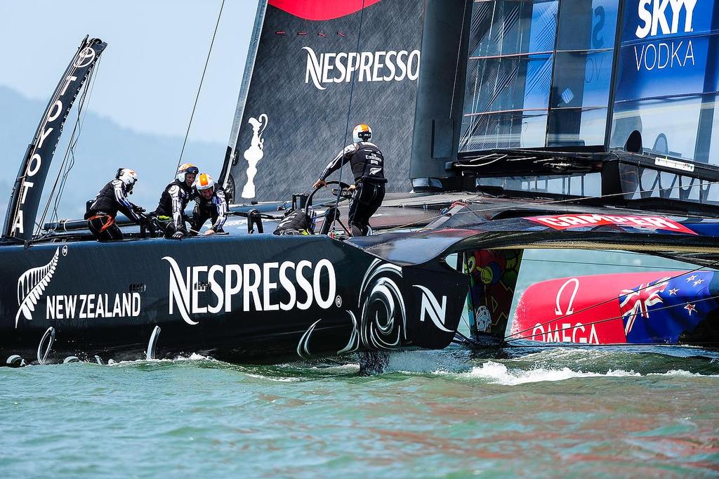 Emirates Team New Zealand with skipper Dean Barker out training just before the start of  The Louis Vuitton Cup  sailed in AC 72s  © Paul Todd/Outside Images http://www.outsideimages.com