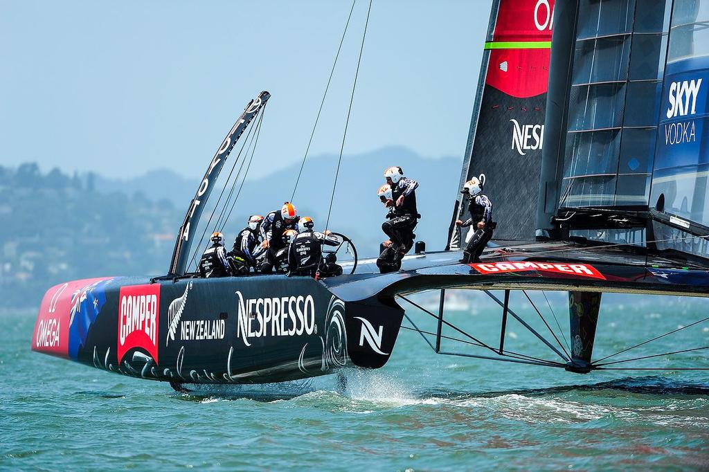 Emirates Team New Zealand with skipper Dean Barker out training just before the start of  The Louis Vuitton Cup  sailed in AC 72s  © Paul Todd/Outside Images http://www.outsideimages.com