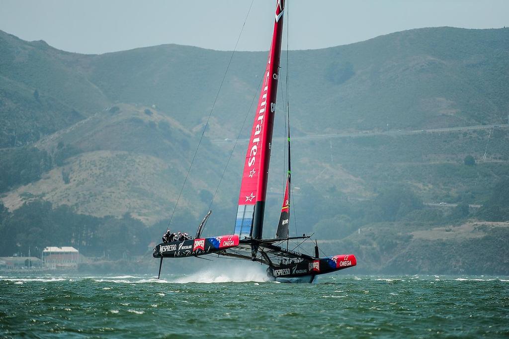 Emirates Team New Zealand with skipper Dean Barker out training just before the start of  The Louis Vuitton Cup  sailed in AC 72s  © Paul Todd/Outside Images http://www.outsideimages.com