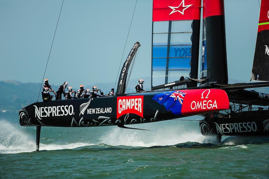 Emirates Team New Zealand with skipper Dean Barker out training just before the start of  The Louis Vuitton Cup  sailed in AC 72s  © Paul Todd/Outside Images http://www.outsideimages.com