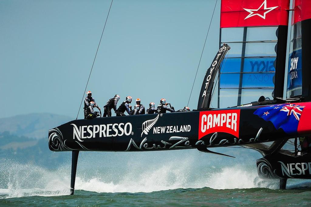 Emirates Team New Zealand with skipper Dean Barker out training just before the start of  The Louis Vuitton Cup  sailed in AC 72s  © Paul Todd/Outside Images http://www.outsideimages.com