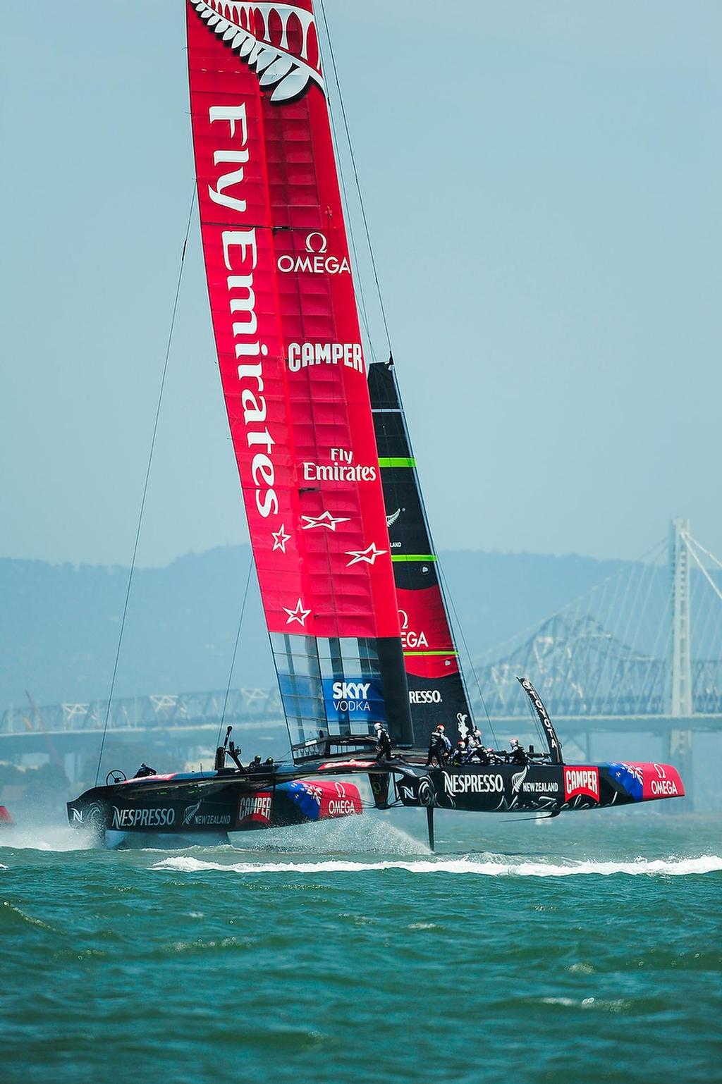 Emirates Team New Zealand with skipper Dean Barker out training just before the start of  The Louis Vuitton Cup  sailed in AC 72s  © Paul Todd/Outside Images http://www.outsideimages.com