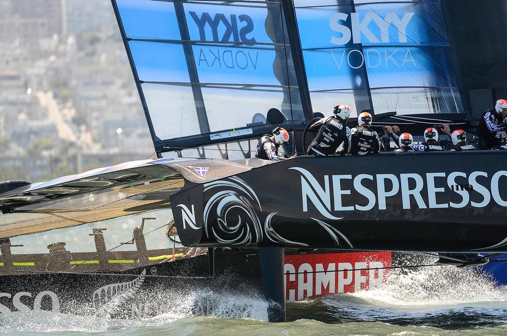 July 7, first day of racing the Louis Vuitton Cup  sailed in AC 72s with Emirates Team New Zealand skippered Dean Barker (NZL) sailing alone © Paul Todd/Outside Images http://www.outsideimages.com