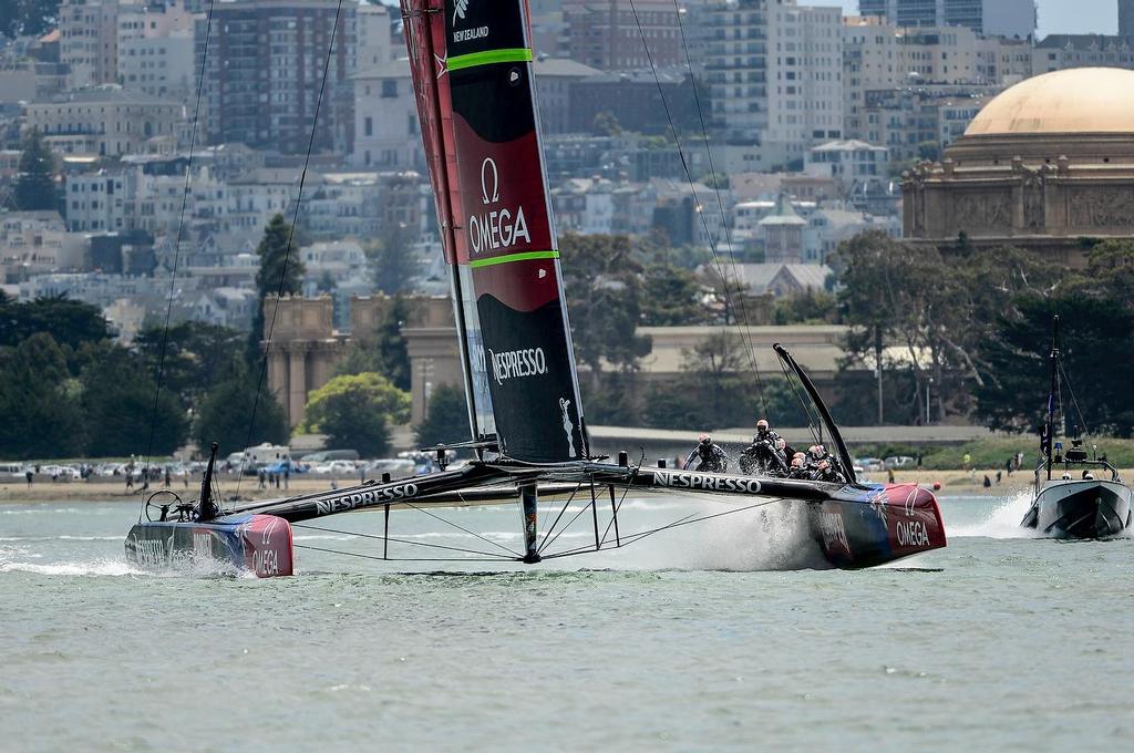 July 7, first day of racing the Louis Vuitton Cup  sailed in AC 72s with Emirates Team New Zealand skippered Dean Barker (NZL) sailing alone © Paul Todd/Outside Images http://www.outsideimages.com