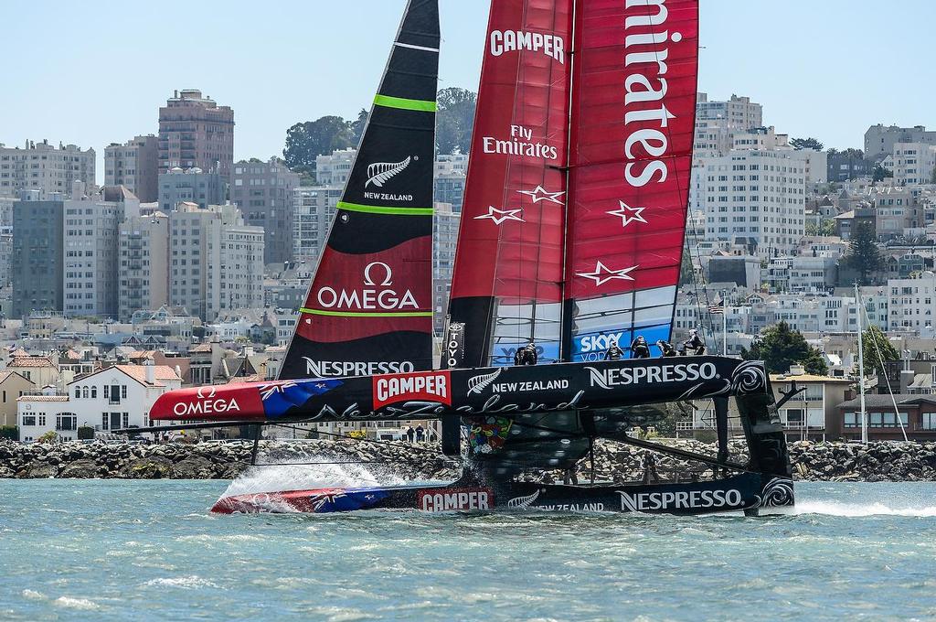 July 7, first day of racing the Louis Vuitton Cup  sailed in AC 72s with Emirates Team New Zealand skippered Dean Barker (NZL) sailing alone © Paul Todd/Outside Images http://www.outsideimages.com