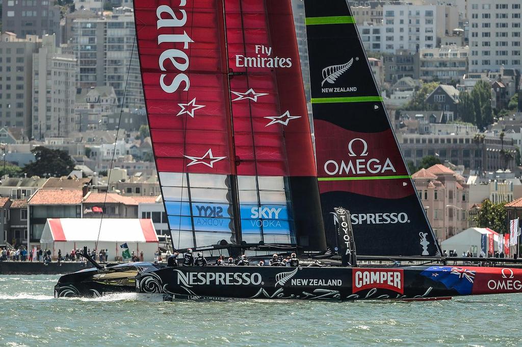 July 7, first day of racing the Louis Vuitton Cup  sailed in AC 72s with Emirates Team New Zealand skippered Dean Barker (NZL) sailing alone © Paul Todd/Outside Images http://www.outsideimages.com