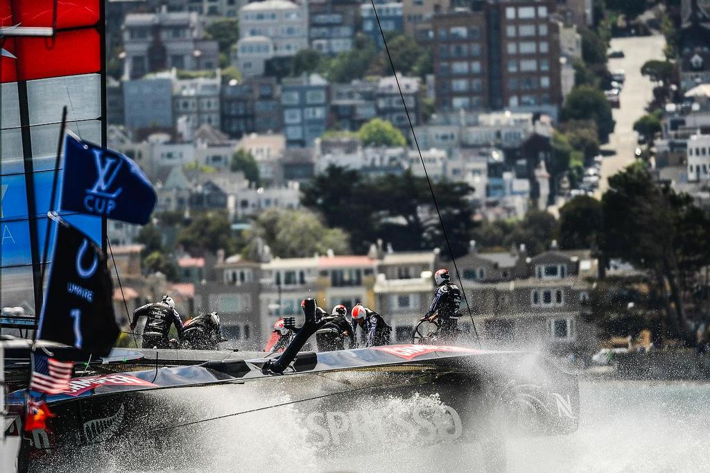 July 7, first day of racing the Louis Vuitton Cup  sailed in AC 72s with Emirates Team New Zealand skippered Dean Barker (NZL) sailing alone © Paul Todd/Outside Images http://www.outsideimages.com