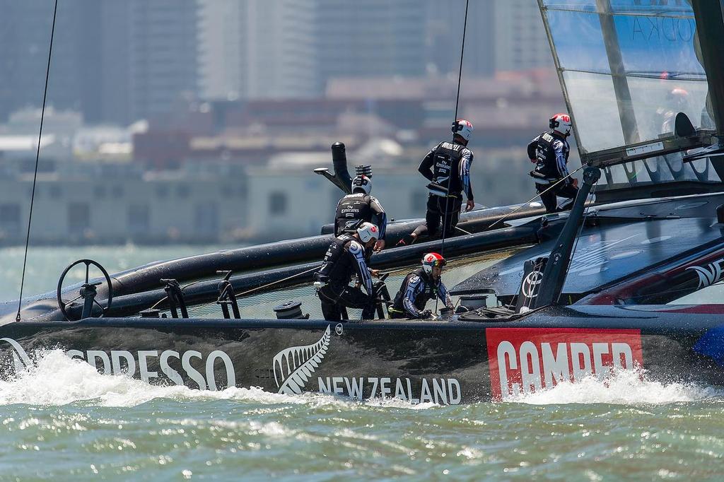 July 7, first day of racing the Louis Vuitton Cup  sailed in AC 72s with Emirates Team New Zealand skippered Dean Barker (NZL) sailing alone © Paul Todd/Outside Images http://www.outsideimages.com