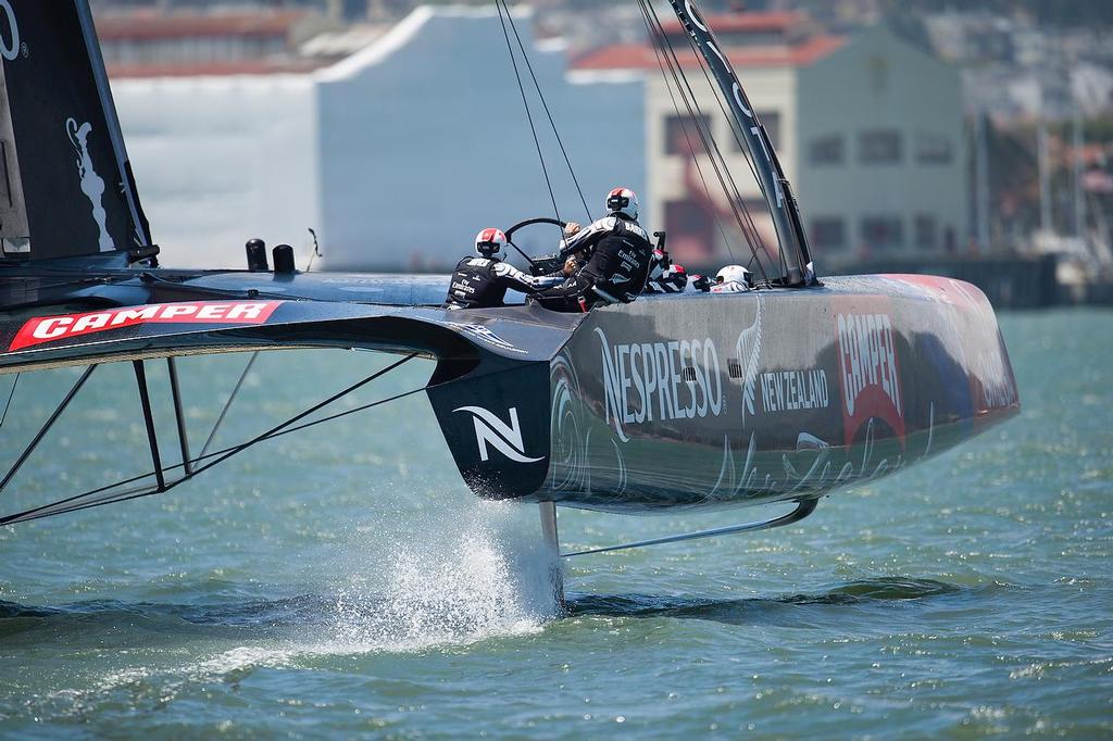 July 7, first day of racing the Louis Vuitton Cup  sailed in AC 72s with Emirates Team New Zealand skippered Dean Barker (NZL) sailing alone © Paul Todd/Outside Images http://www.outsideimages.com