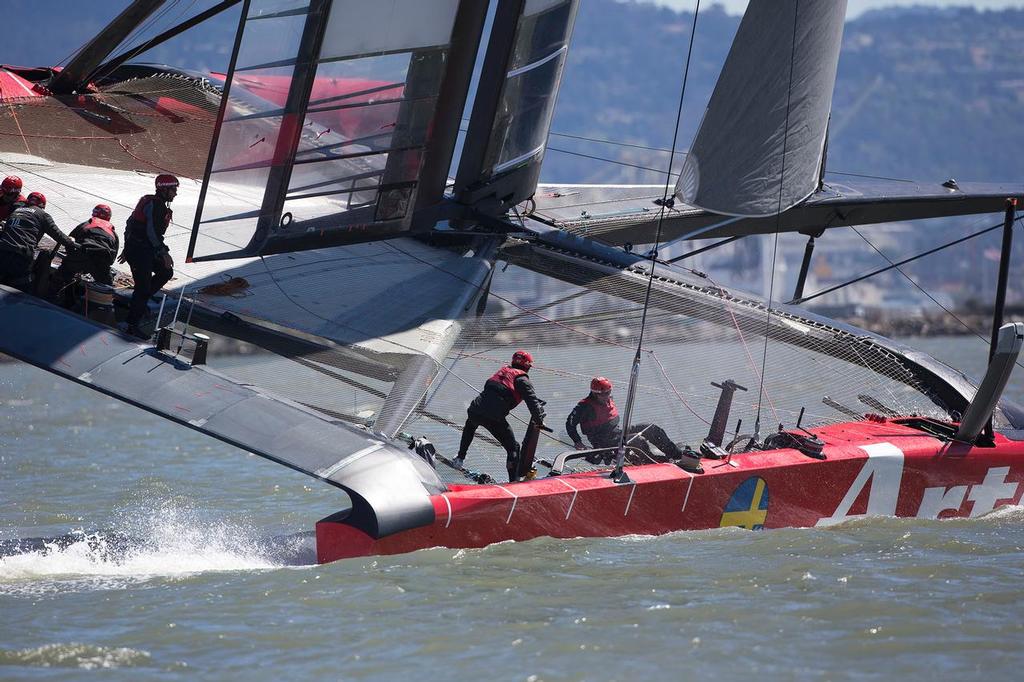 looking forward at the beam layout on Artemis Racing AC72 testing in San Francisco south bay, Alameda, USA © Sander van der Borch / Artemis Racing http://www.sandervanderborch.com