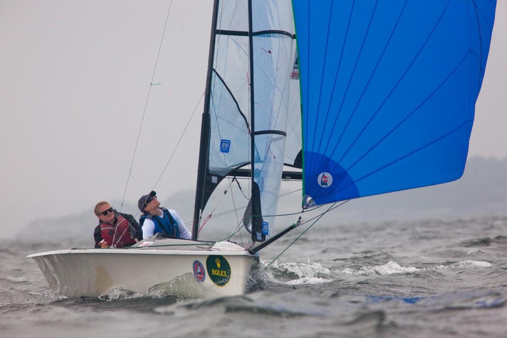 Ryan Porteous (San Diego, Calif.) with Cindy Walker (Abington, Mass.) are tied for first-place in the SKUD-18 fleet ©  Clagett/Thornton Cohen.