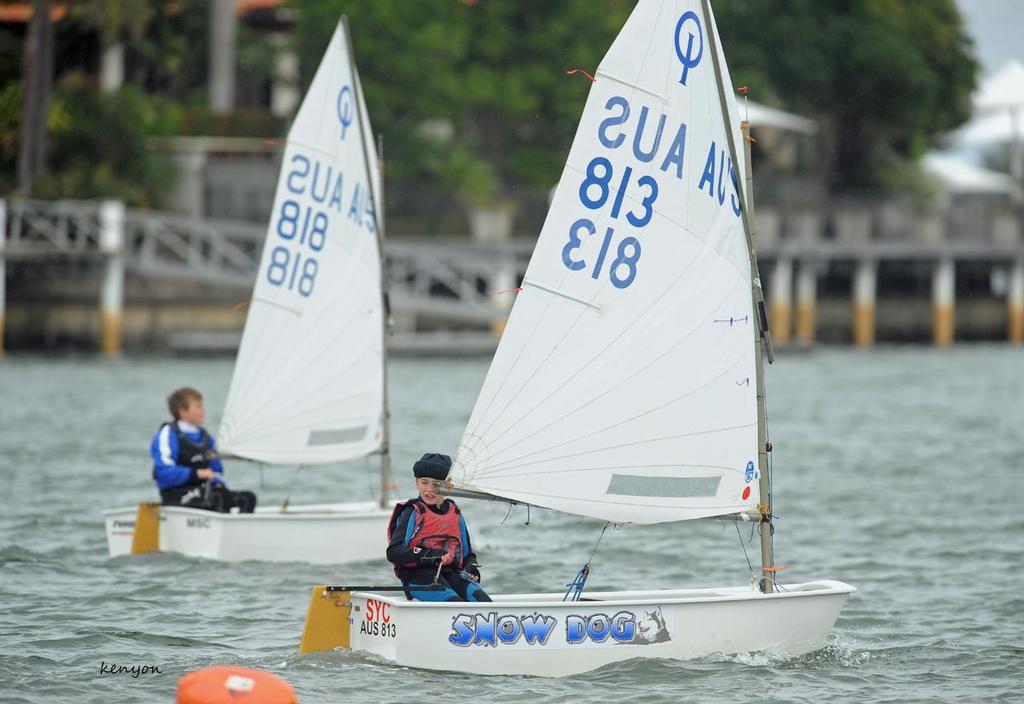 With the Strong Wind Warning for open water course, the Optimist Gold Fleet and Lasers moved onto the river to enjoy the blustery conditions on the second and final day of racing for the Dinghy Division. - Sail Mooloolaba 2013 © Mike Kenyon http://kenyonsportsphotos.com.au/