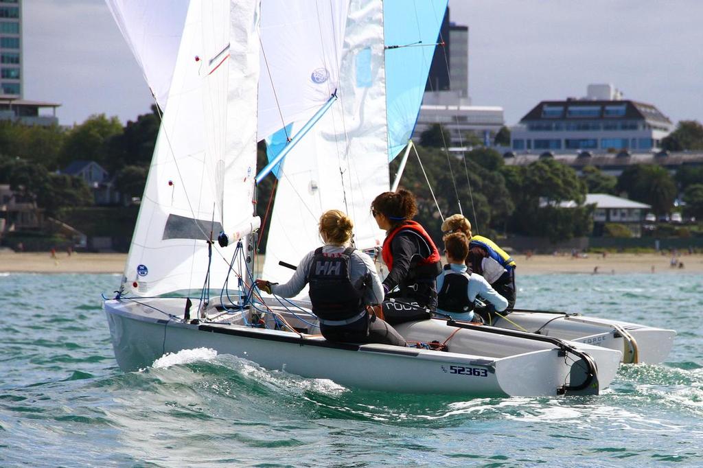 Close racing amongst the top crews - 2013 420 Nationals, Takapuna photo copyright Richard Gladwell www.photosport.co.nz taken at  and featuring the  class