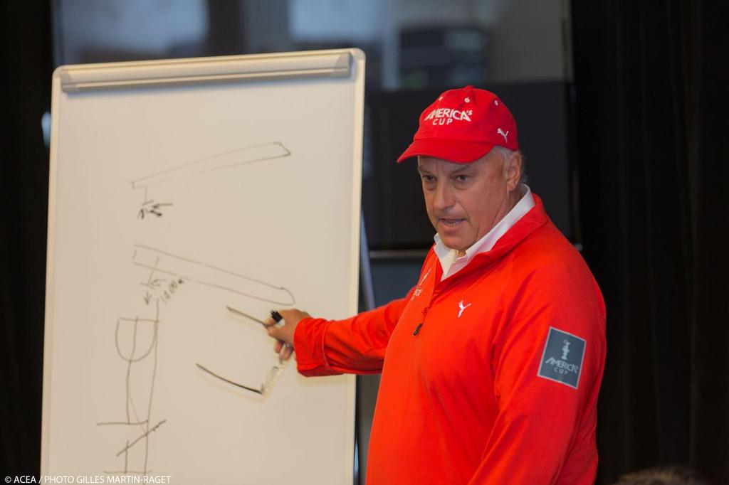 Iain Murray gives design lesson at the press conference about safety © ACEA - Photo Gilles Martin-Raget http://photo.americascup.com/