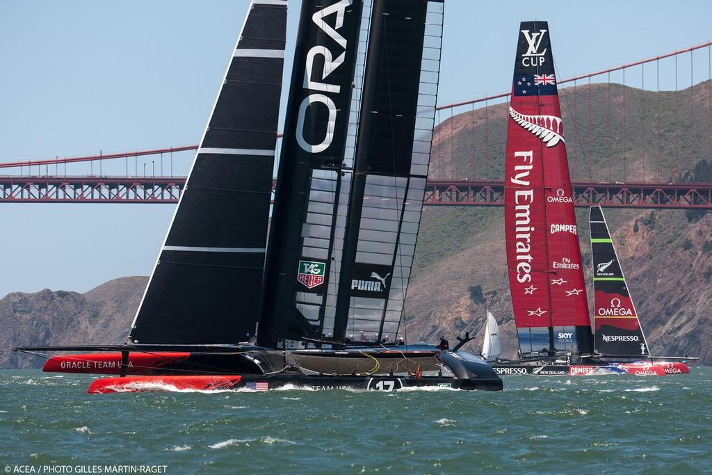 Oracle and ETNZ train on the Bay © ACEA/ Bob Grieser http://photo.americascup.com/