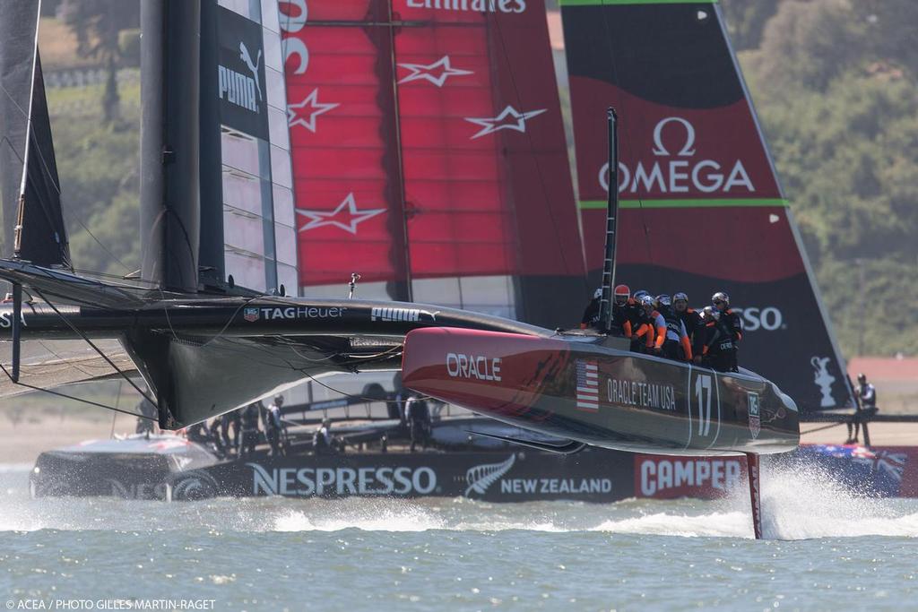 Emirates Team New Zealand and Oracle Team USA testing in the same patch of water in SF bay May 23, 2013 photo copyright ACEA - Photo Gilles Martin-Raget http://photo.americascup.com/ taken at  and featuring the  class