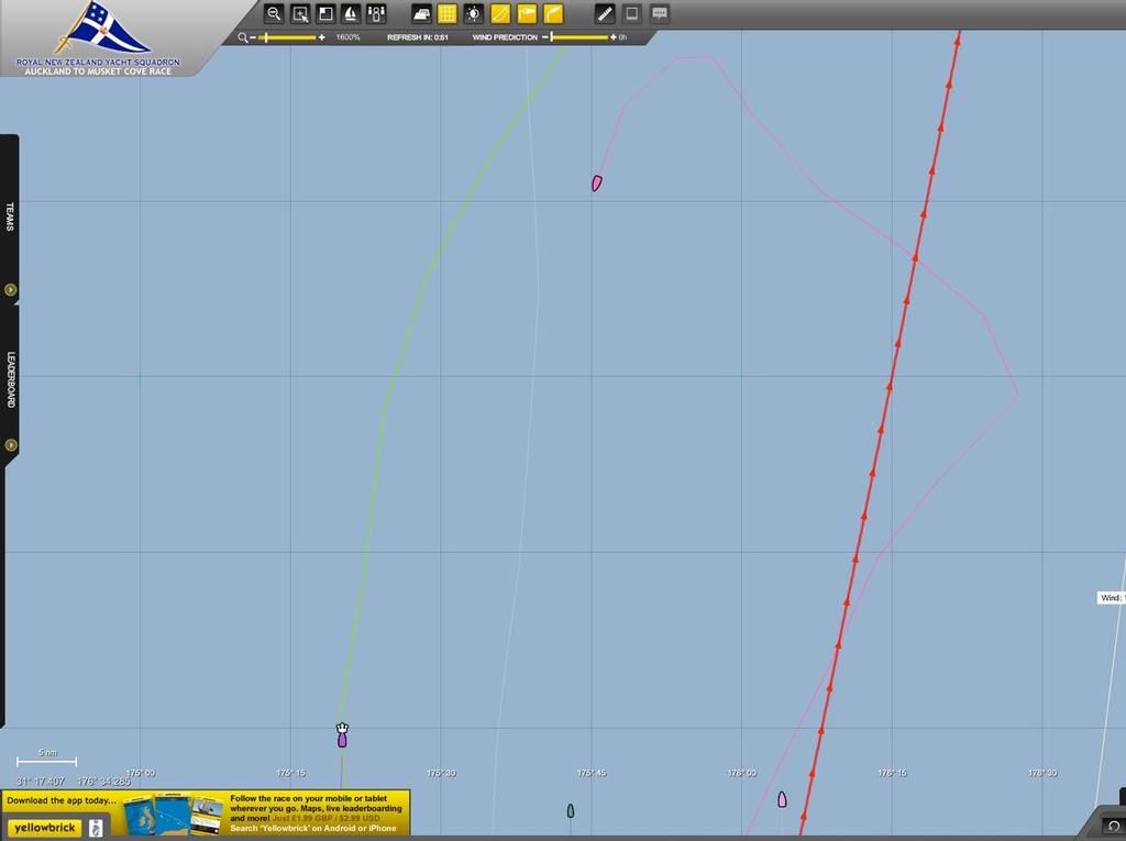 Yellowbrick tracker as at 1500hrs on June 3, 2013 - Equilibrium is the pink yacht at the top of the shot heading back to the next three yachts in the six boat fleet © RNZYS Media