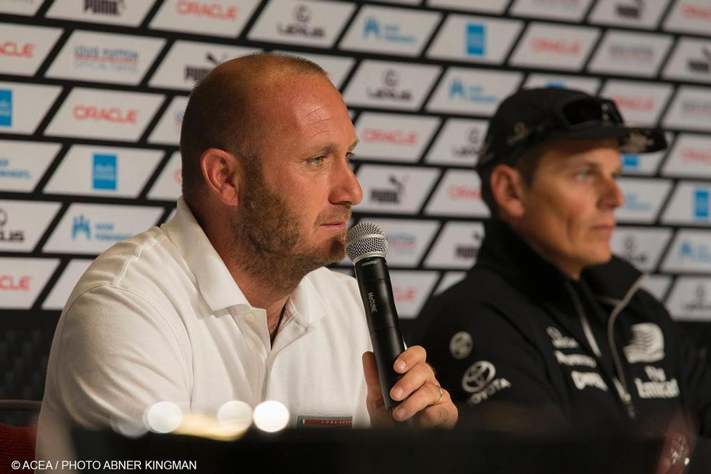 Max Sirena (Luna Rossa) flanked by Emirates Team NZ&rsquo;s Dean Barker - 34th America&rsquo;s Cup - Press Conference with Skippers photo copyright Americas Cup Media www.americascup.com taken at  and featuring the  class