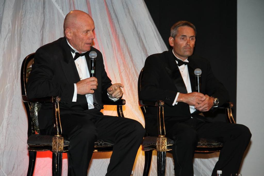 Grant Dalton (left) puts his view while his rival, Russell Coutts, listens at the black tie dinner. photo copyright Richard Gladwell www.photosport.co.nz taken at  and featuring the  class