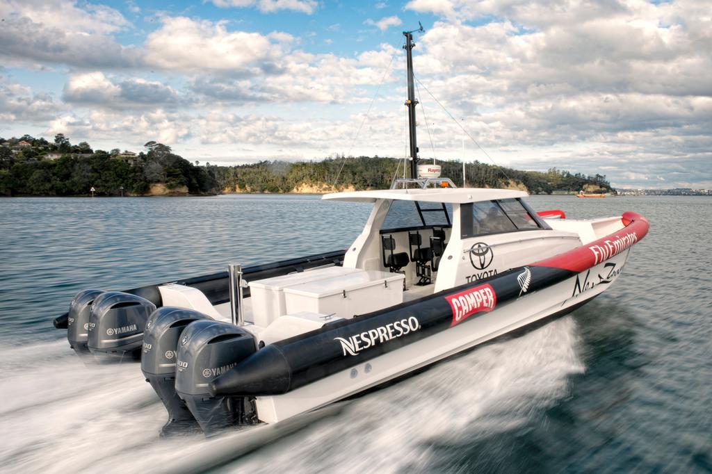 Emirates Teram New Zealand Chase One catamaran tender sporting four 300HP Yamaha outboards, built by Salthouse boats. 13/7/2012 photo copyright Chris Cameron/ETNZ http://www.chriscameron.co.nz taken at  and featuring the  class