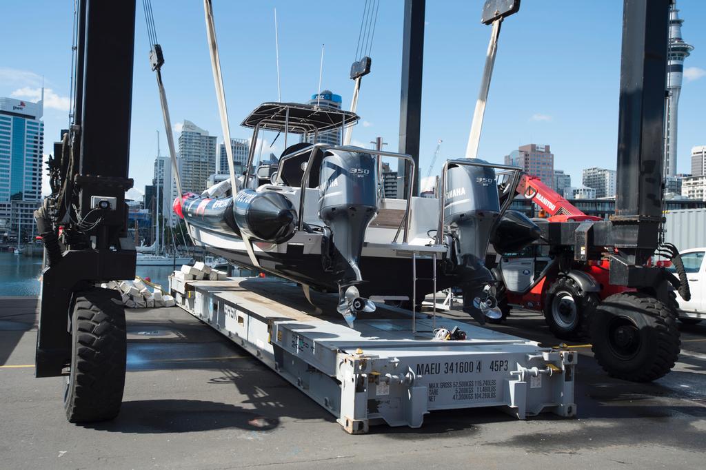 Emirates Team New Zealand chase boat loaded on a flat rack for shipping. 6/4/2013 © Chris Cameron/ETNZ http://www.chriscameron.co.nz