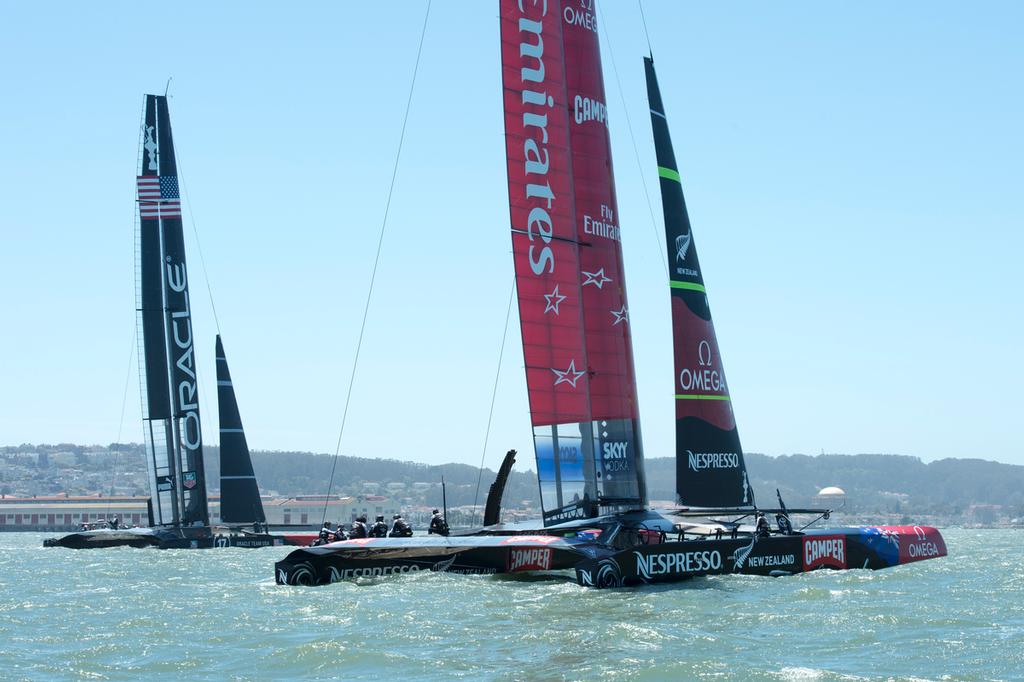 Emirates Team New Zealand’s AC72, NZL5, meets Oracle Team USA17 on day two of sailing in San Francisco. 24/5/2013 © Chris Cameron/ETNZ http://www.chriscameron.co.nz