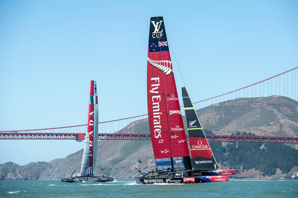 Emirates Team New Zealand AC72, NZL5 and Luna Rossa on the downwind leg of their first practice race in San Francisco. 13/6/2013 &copy; Chris Cameron/ETNZ http://www.chriscameron.co.nz