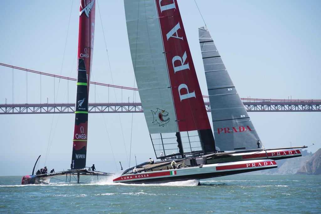 Emirates Team New Zealand AC72, NZL5 and Luna Rossa start their second practice race in San Francisco. 13/6/2013 photo copyright Chris Cameron/ETNZ http://www.chriscameron.co.nz taken at  and featuring the  class