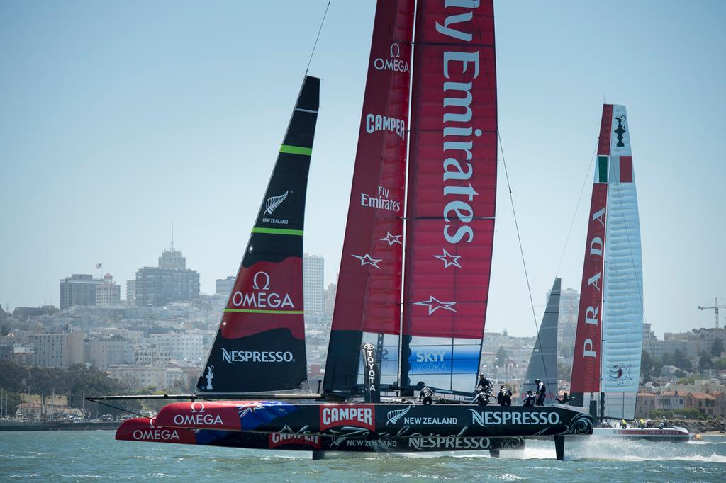 Emirates Team New Zealand AC72, NZL5 and Luna Rossa in their second practice race in San Francisco. 13/6/2013 &copy; Chris Cameron/ETNZ http://www.chriscameron.co.nz