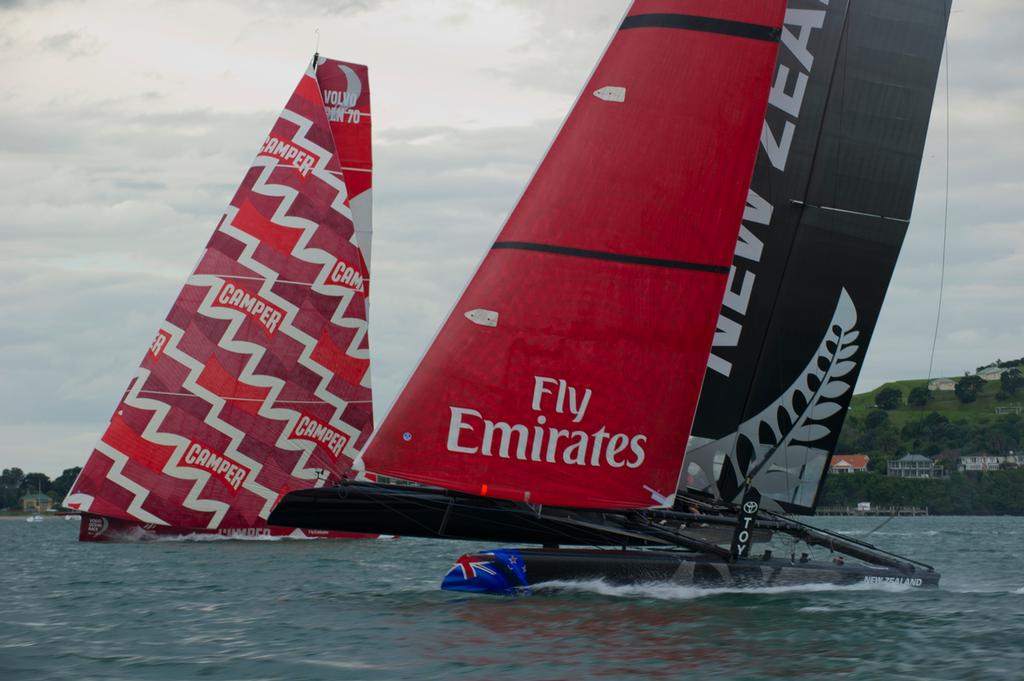 Volvo Ocean Race runner-up Camper with Emirates Team New Zealand alongside the team&rsquo;s AC45 in Auckland photo copyright Chris Cameron/ETNZ http://www.chriscameron.co.nz taken at  and featuring the  class