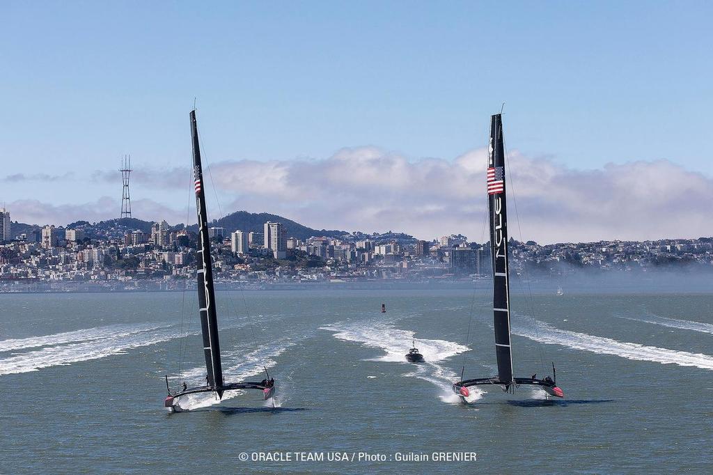 Oracle Team USA two boat testing in San Francisco photo copyright Guilain Grenier Oracle Team USA http://www.oracleteamusamedia.com/ taken at  and featuring the  class