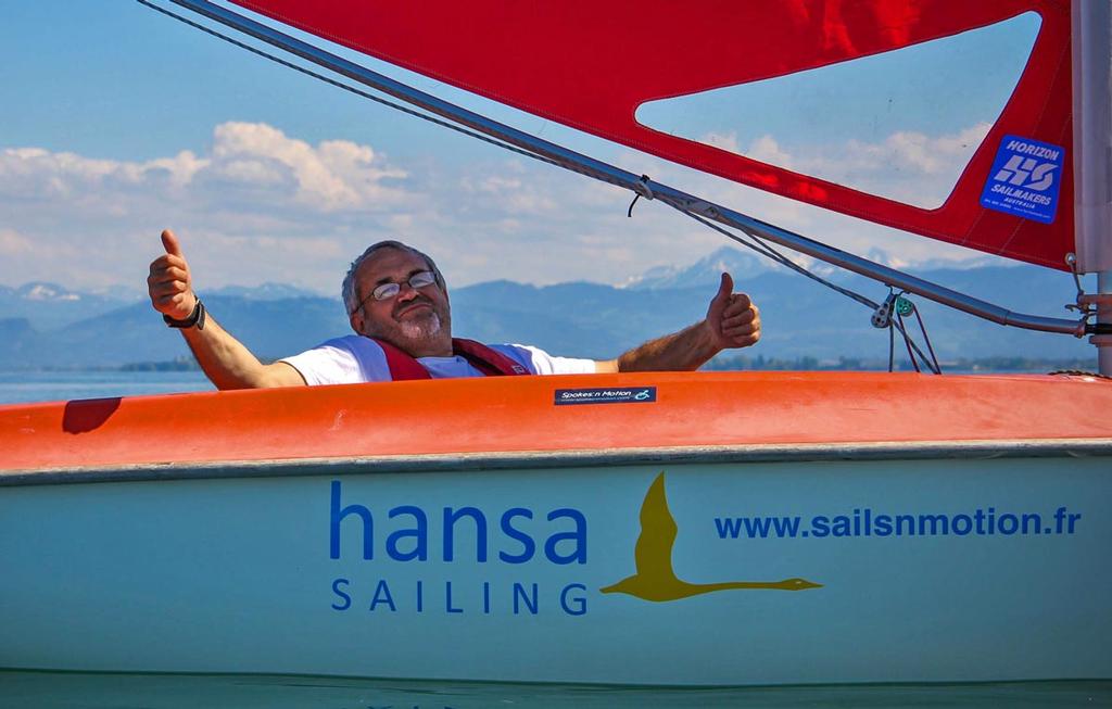 The Hansa Sailing logo was first revealed at the 2013 European Championships in Arbon, Switzerland.  Gerard Eychenne (FRA) won the open Liberty competition. © sailability.ch