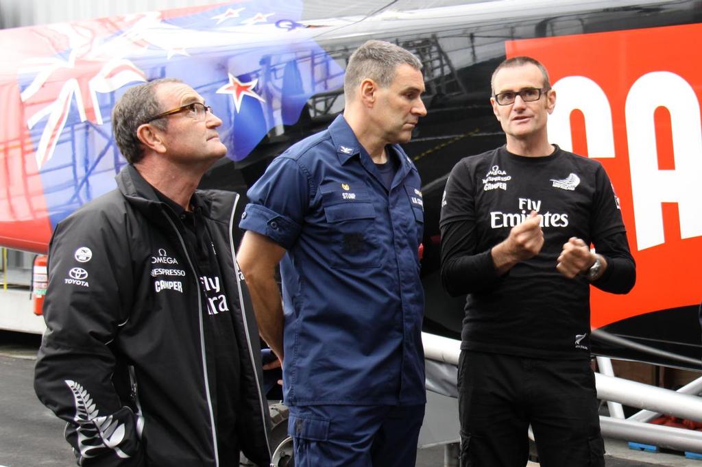 US Coast Guard visit Emirates Team NZ - Russell Green - Rules Advisor, Capt. Greg Stump - Sector Commander, San Francisco, USCG Nick Halroyd - Technical Director © Ellen Hoke http://www.ellenhoke.com/