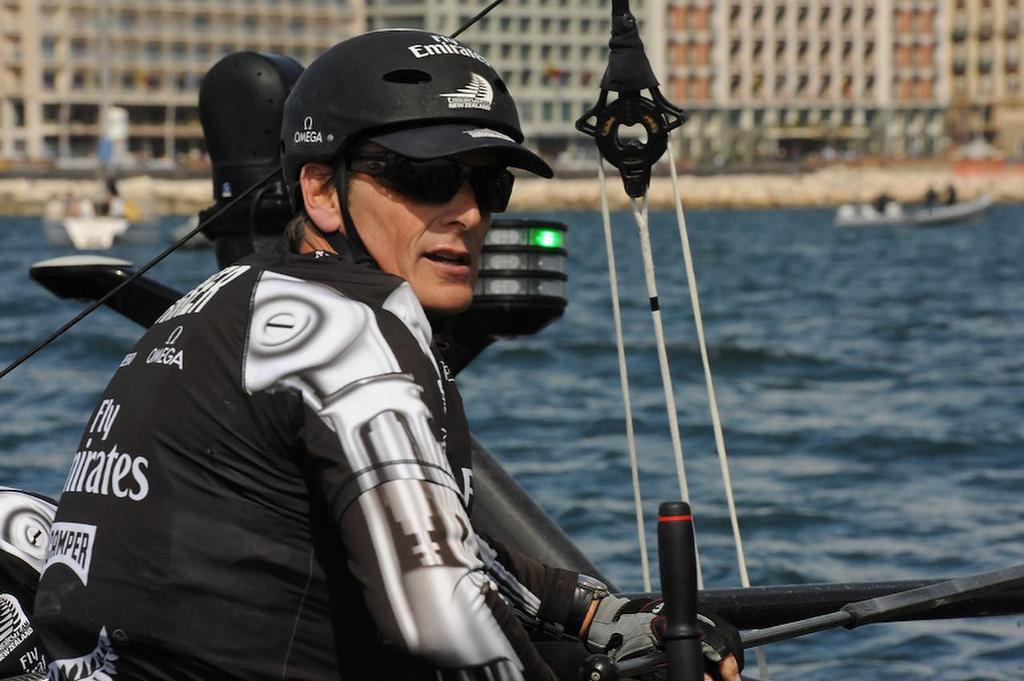 Skipper Dean Barker is in control of Emirates Team New Zealand as he calmly passes through the leeward gate at an official practice race for the ACWS on the Bay of Napoli in Italy. photo copyright  SW taken at  and featuring the  class