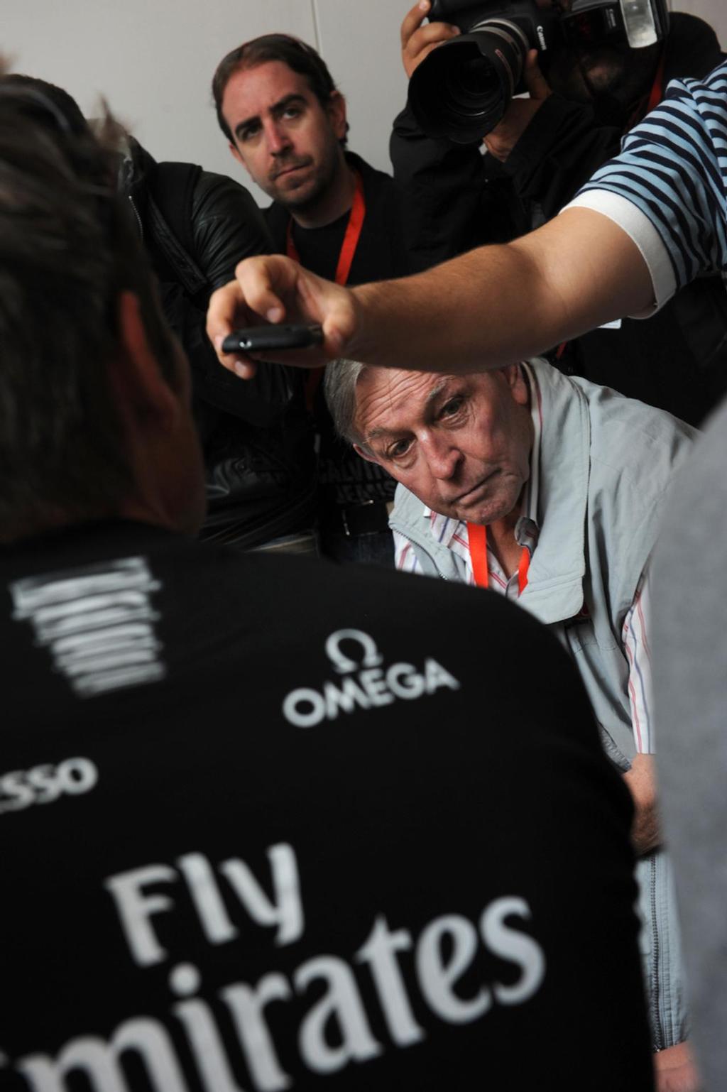 Bob Fisher trying to conduct an interview with Skipper Dean Barker from Emirates Team NZ against noise of chattering photographers.  - America’s Cup WS, Naples Media Conference April 16, 2013. photo copyright  SW taken at  and featuring the  class