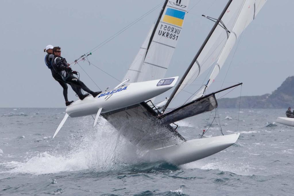 Maks Oberemko and Olgo Maslivets, Nacra 17 - 2013 ISAF Sailing World Cup Hyeres photo copyright Thom Touw http://www.thomtouw.com taken at  and featuring the  class