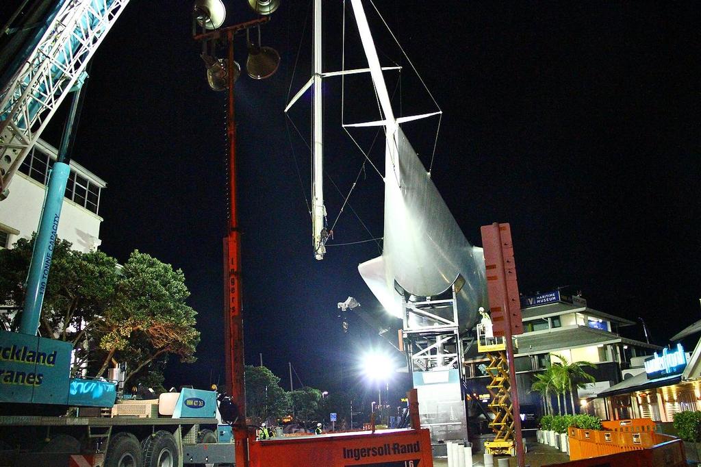 The spar hangs free of the hull before being lowered into the alley - KZ-1 Mast removal July 1, 2013 photo copyright Richard Gladwell www.photosport.co.nz taken at  and featuring the  class