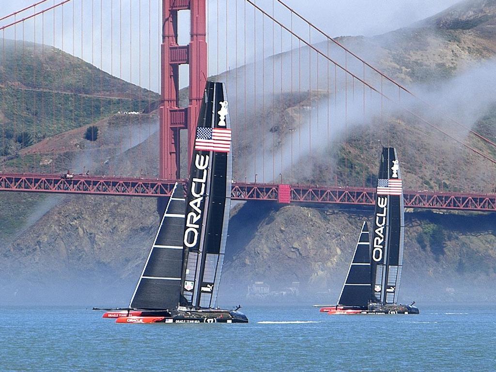 Oracle Team USA’s two boats  sailing in San Francisco Bay for the first time. photo copyright John Navas  taken at  and featuring the  class