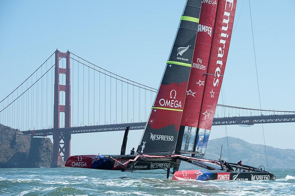 Emirates Team New Zealand AC72, NZL5 sails under the Golden Gate bridge on her first sail in San Francisco. 23/5/2013 photo copyright Chris Cameron/ETNZ http://www.chriscameron.co.nz taken at  and featuring the  class