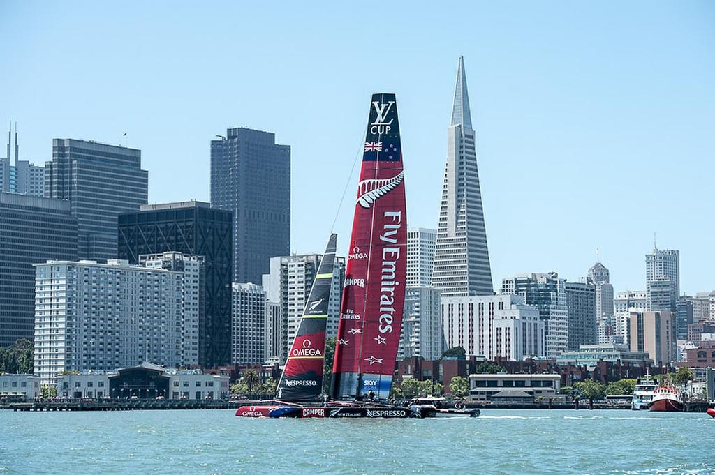 Emirates Team New Zealand AC72, NZL5 returns to base after a first successful shake down sail in San Francisco.  © Chris Cameron/ETNZ http://www.chriscameron.co.nz