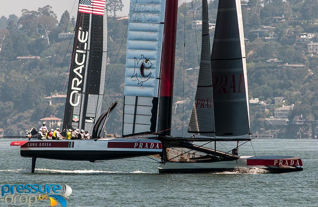 Luna Rossa with Oracle Team USA17 astern - San Francisco, May 23, 2013 © Erik Simonson/ pressure-drop.us http://www.pressure-drop.us